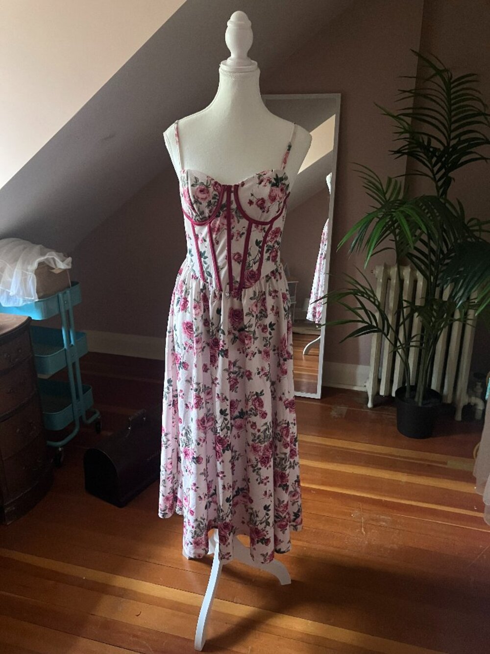 Red & white chinoiserie print princess long maxi dress a line gown corset